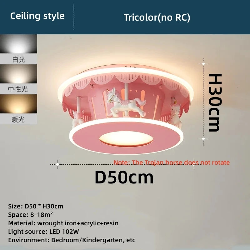 lampe enfantine rose carrousel chevaux blancs moderne éclairage chambre enfants interrupteur bouton LED