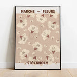 Affiche vintage d'un marché aux fleurs de Stockholm, avec un motif floral stylisé en tons neutres.