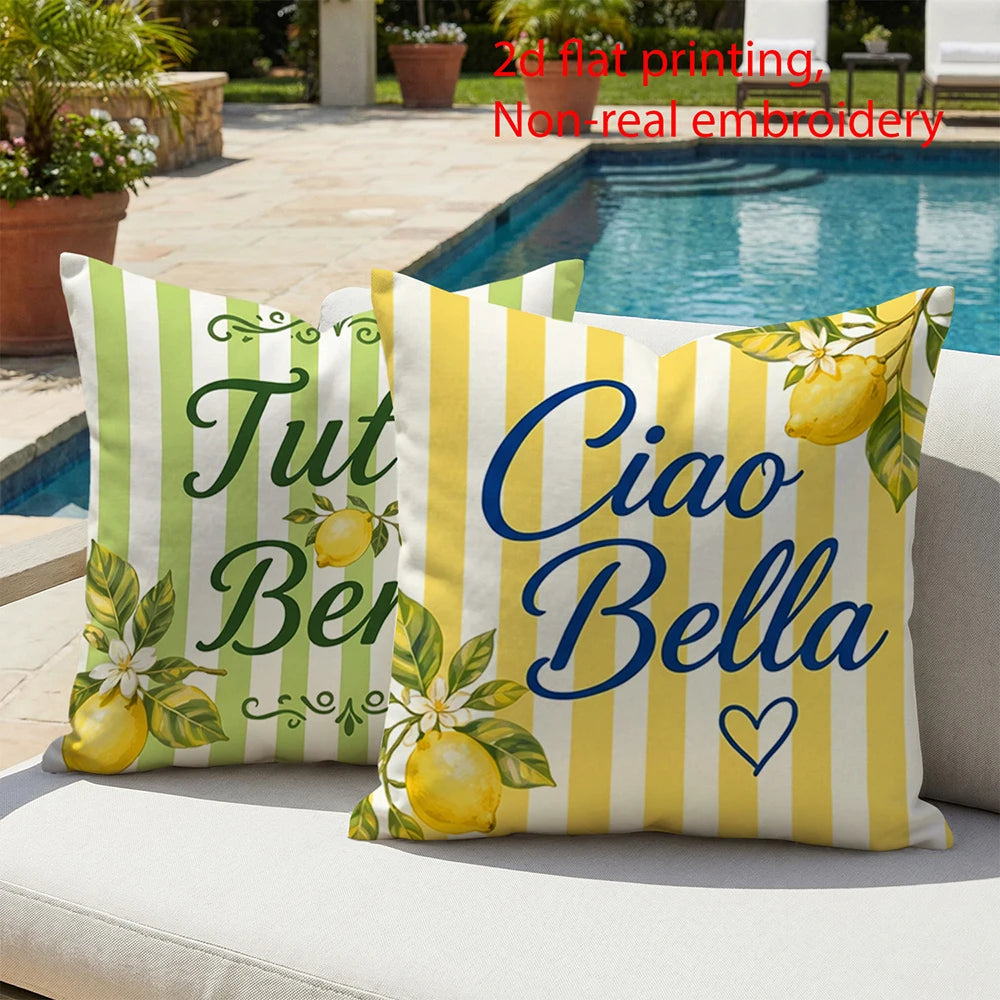 taies d'oreiller décoratives moderne jaune vert blanc rayures citrons 45x45cm zipper deux pièces