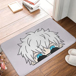 tapis feutre polyester moderne gris clair blanc bleu personnage cheveux blancs yeux bleus intérieur