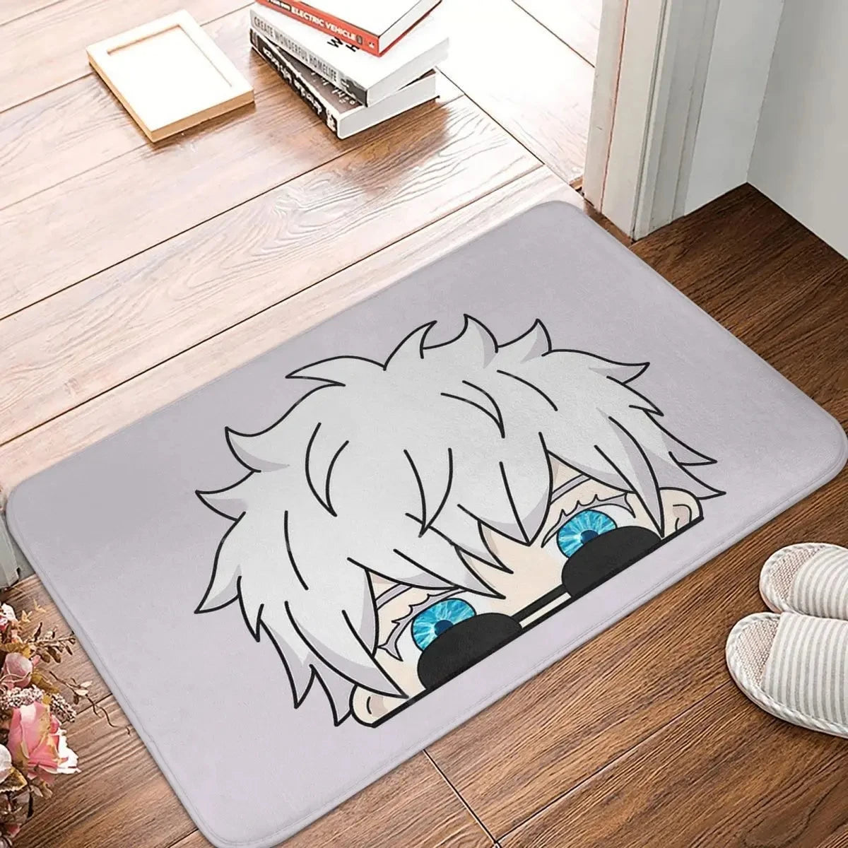 tapis feutre polyester moderne gris clair blanc bleu personnage cheveux blancs yeux bleus intérieur