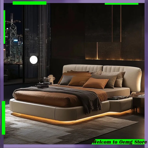 lit moderne tête capitonnée éclairage led beige marron gris velours oreillers coussins chambre élégante