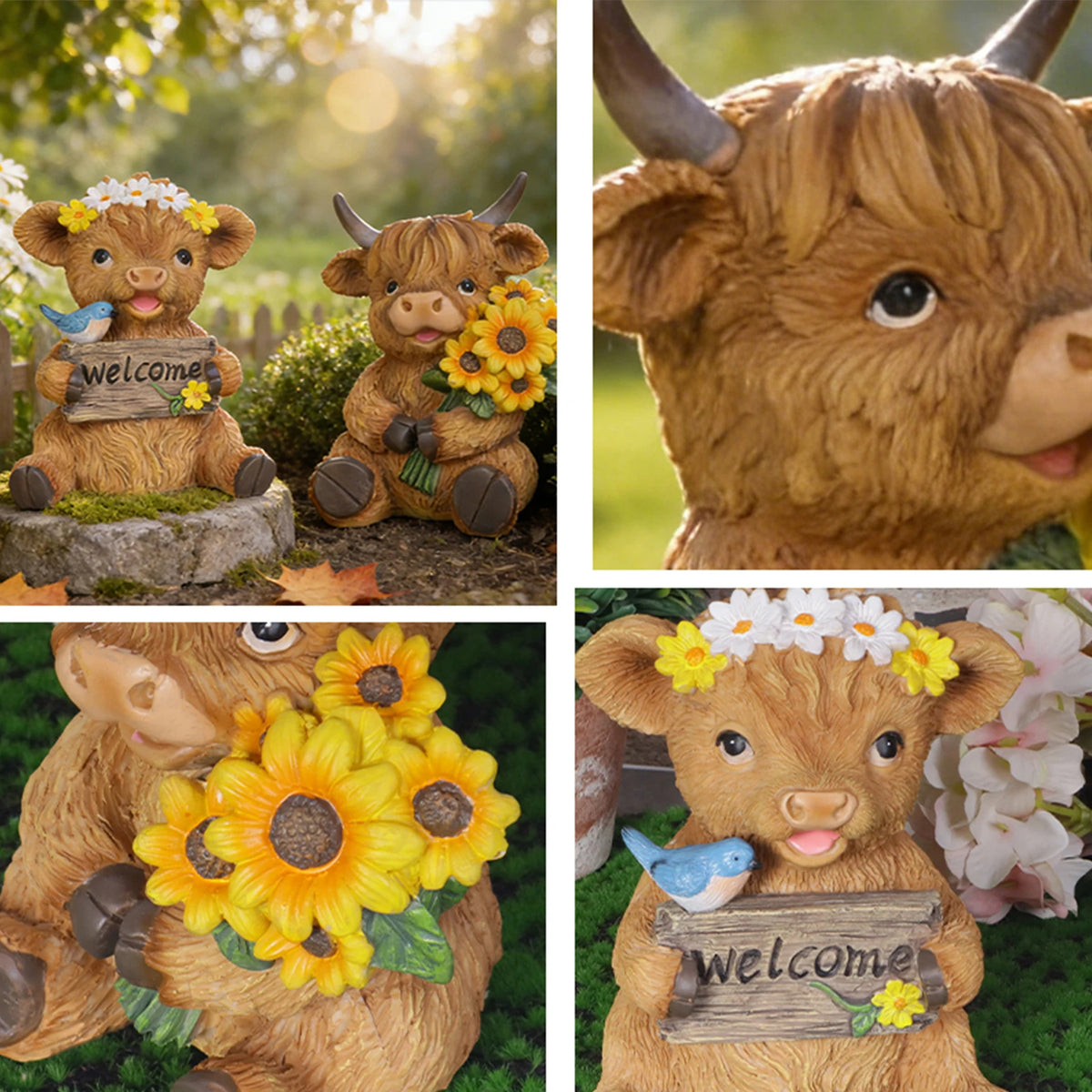 statue vache highland résine bienvenue fleurs tournesols oiseau bleu rustique extérieur jardin decoration