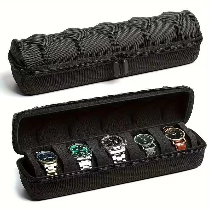 boîte rangement montres mousse noire texture tissu moderne zipper 10 compartiments sécurités différentes tailles