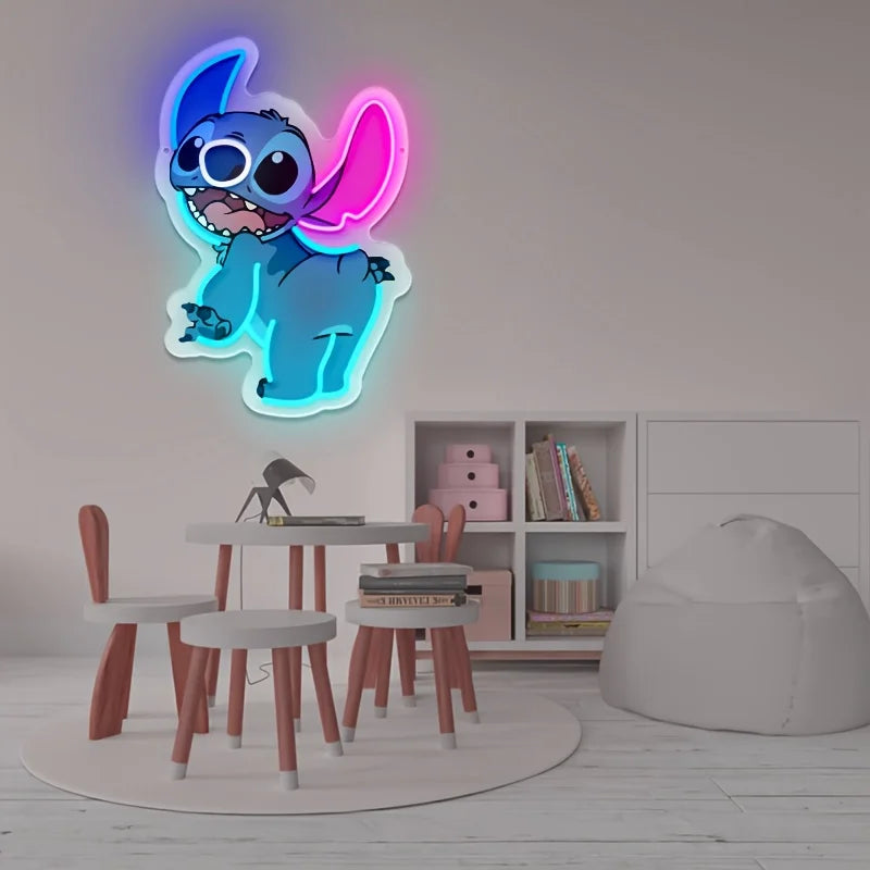 néon lumineux stitch disney bleu rose moderne cartoon chambre enfant décoration murale
