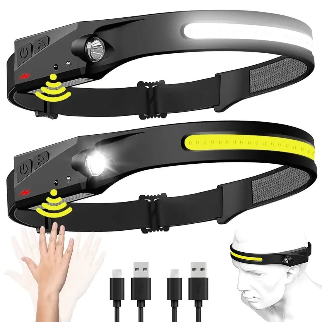 lampe frontale rechargeable led silicone élastique nuit camping pêche travail recherchesModesUSBrechargebatterieintegraporteautoinductive