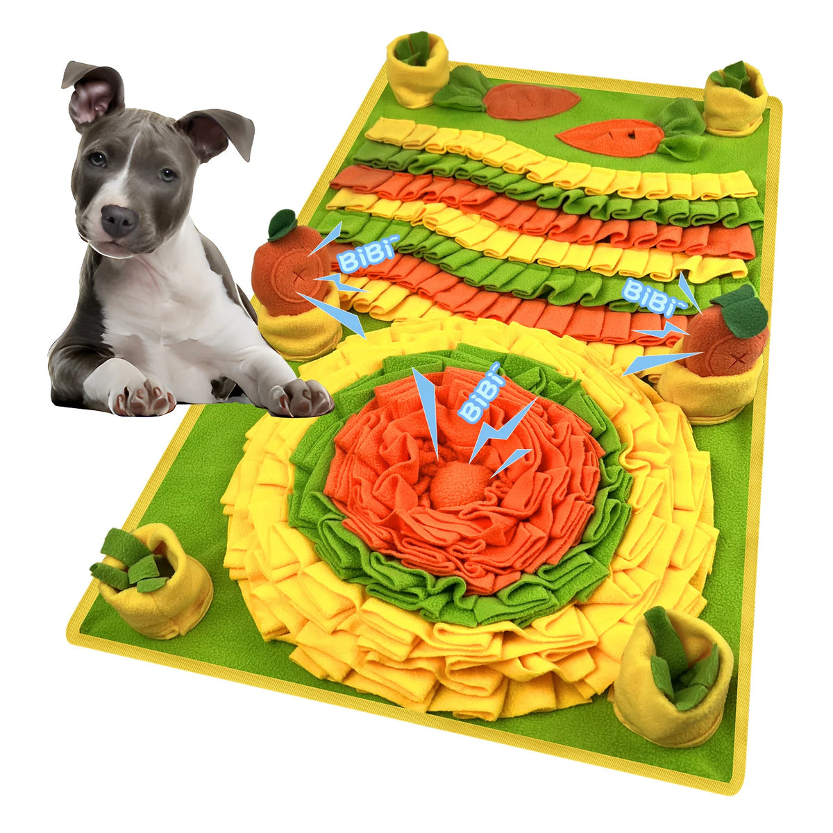 tapis d'activités chiens motif plage palmier coquilles bouée sandales étoiles bibi bleu blanc jaune