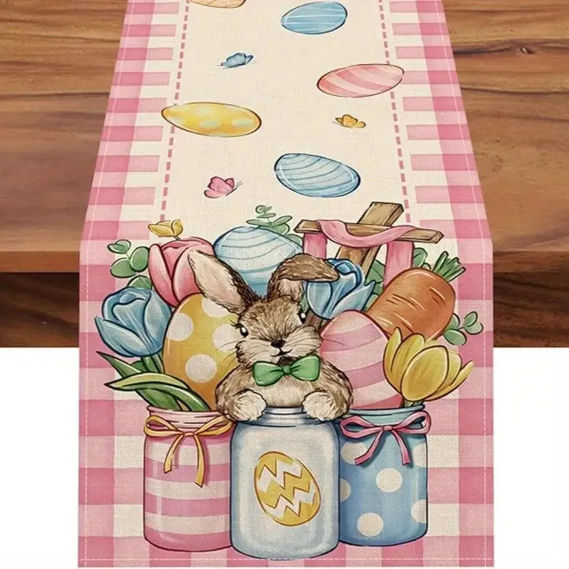 table pâques rectangle polyester fleurs lapins œufs happy easter beige blanc festive pastorale