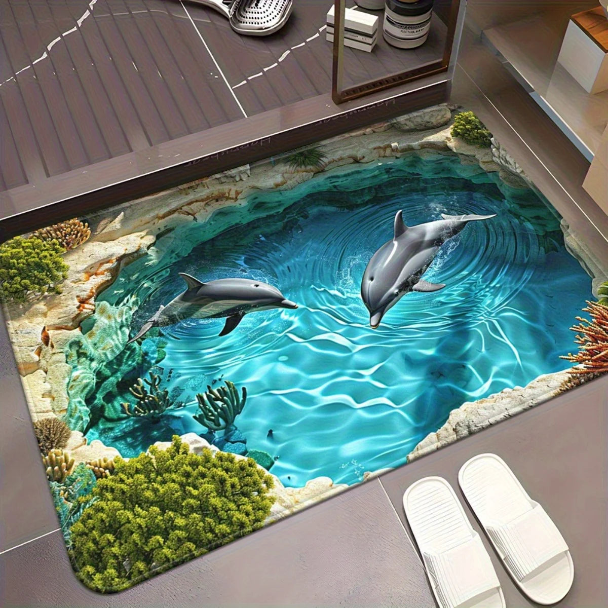 tapis sous marin dauphins coraux moderne bleu vert gris beige antidérapant lavable machine salon