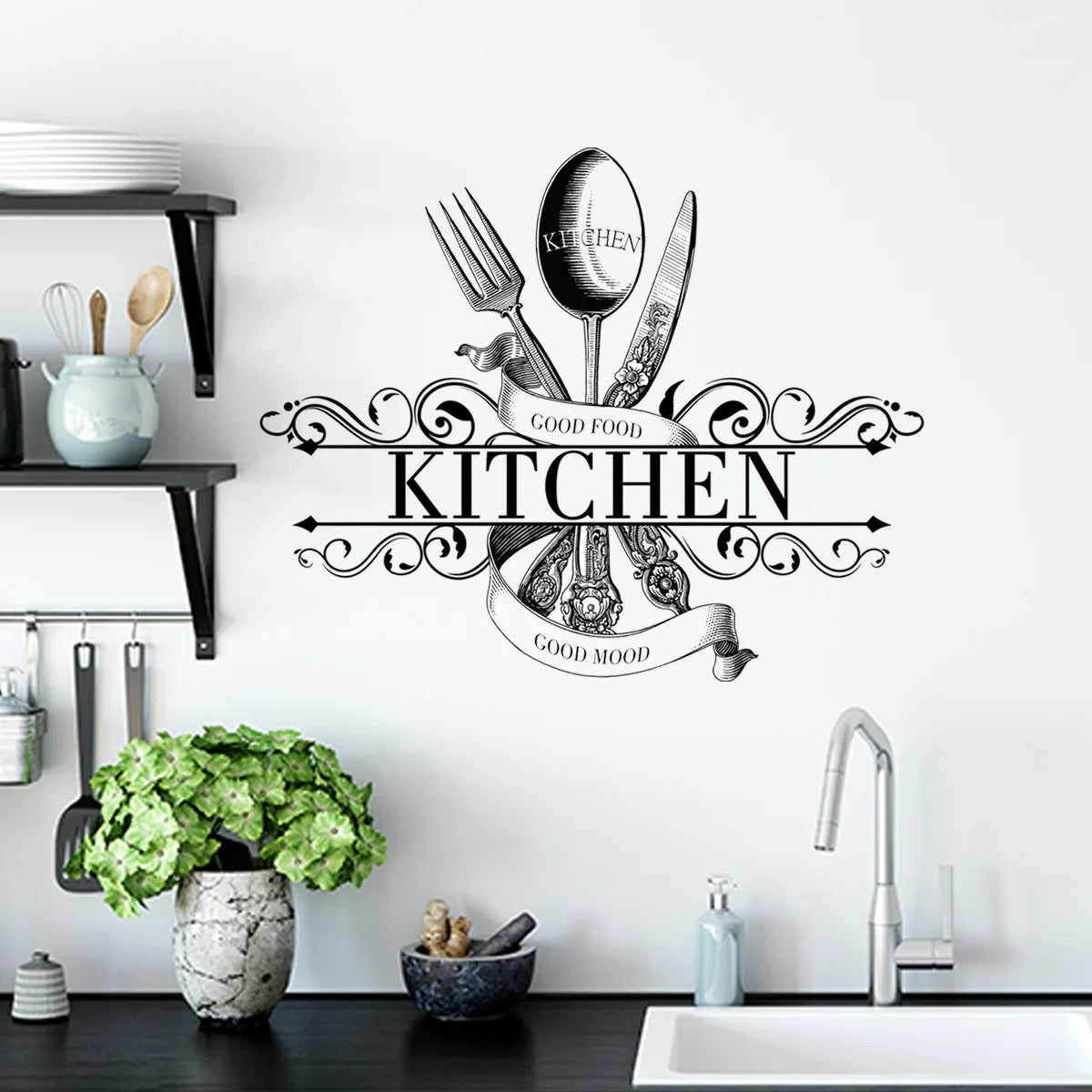 autocollant mural noir vintage fourchette cuillère couteau motifs floraux geometriques adhésif décoration maison opacité
