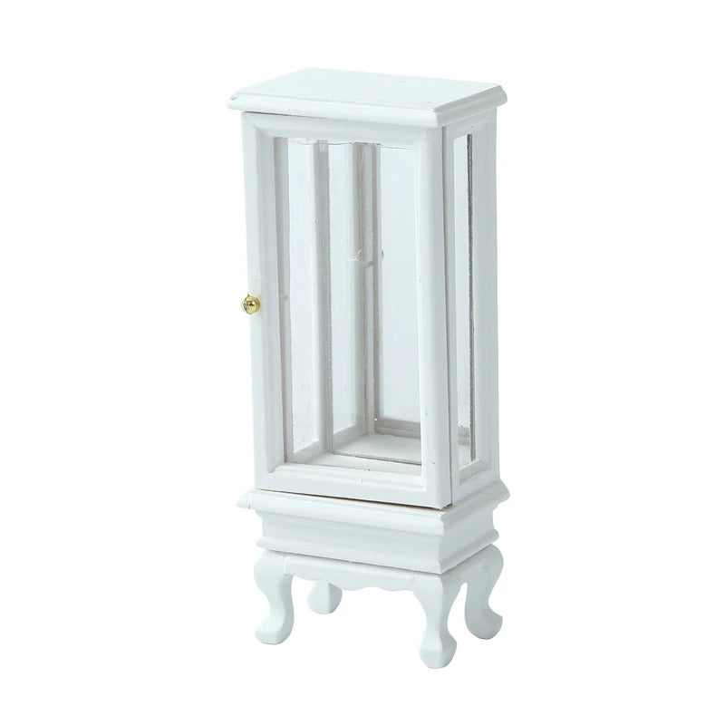 meuble miniature armoire verre transparent classique porte tiroir pieds sculptés blanc marron clair finition