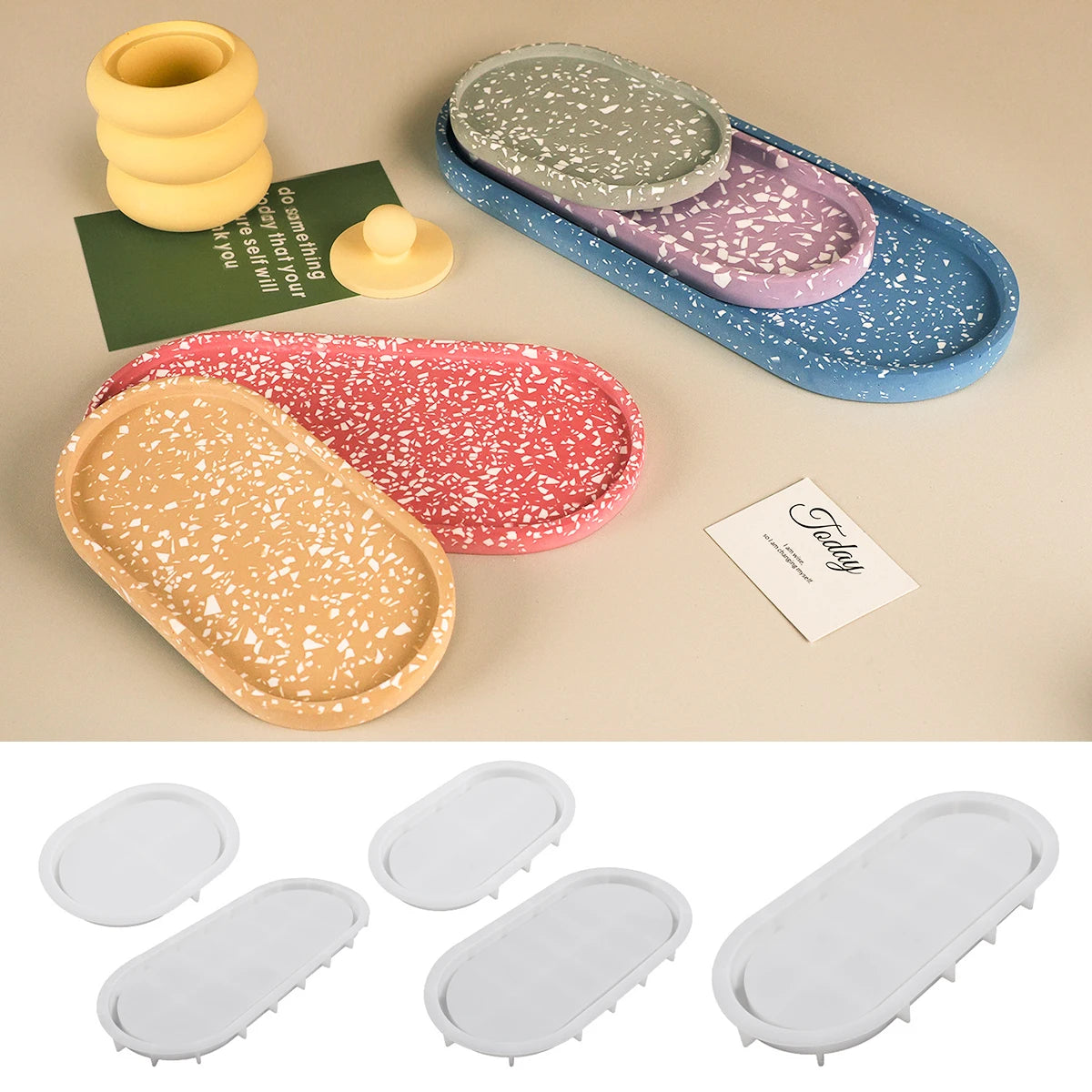 moule silicone assiettes ovales bleu beige vert violet rose texture granulée moderne minimaliste
