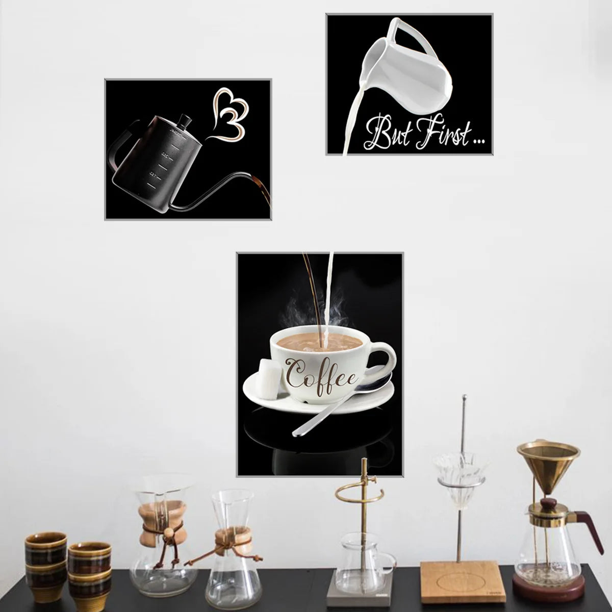 affiches murales autocollantes moderne illustration but first coffee tasse cuillère cœur minimaliste