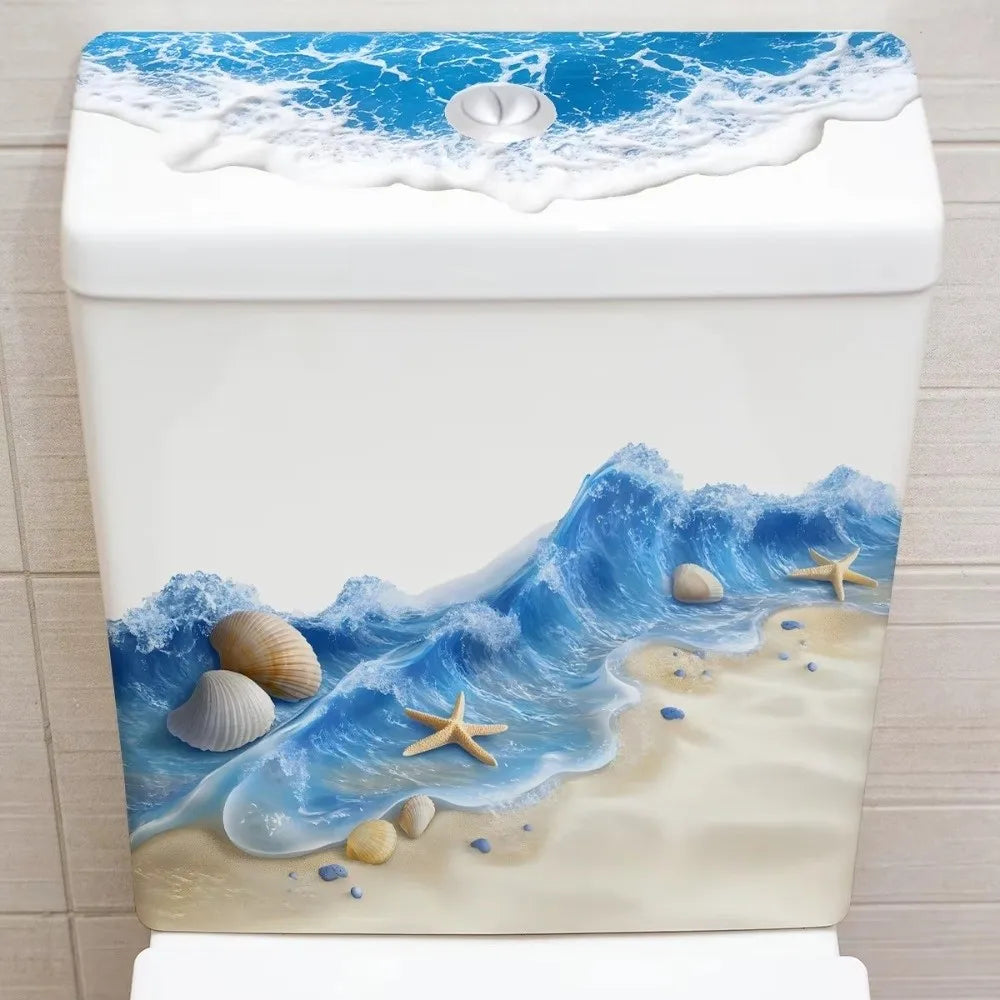 cache wc adhésif ondes océaniques bleu blanc illustration antidérapant imperméable