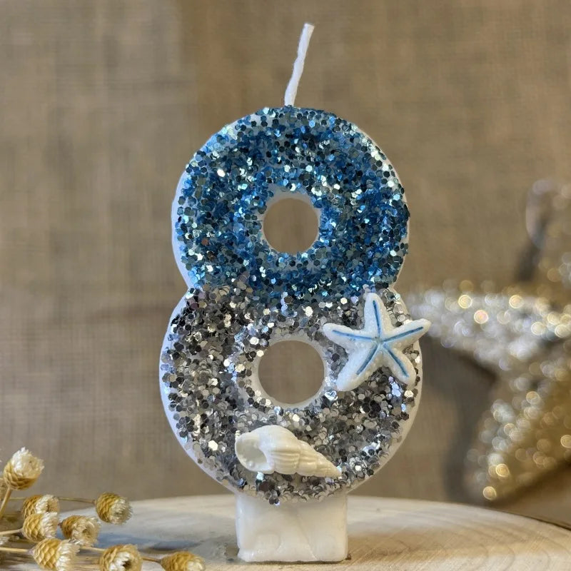 décoration gâteau sirène océan bougie chiffre paillettes étoiles mer coquillage thème marin blanc bleu