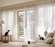 rideau voilage blanc plissé translucide moderne tissu fluide tringle passe pattes épuré aspect texturé