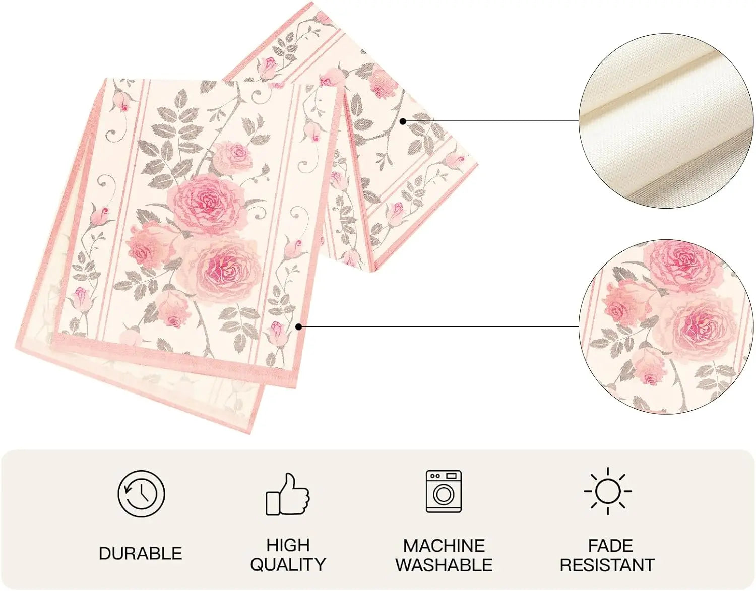 Nappe en coton imprimée de roses vintage rose pâle et gris sur fond crème, avec motifs floraux répétés et bandes verticales, textures douces et aspect de haute qualité, lavable en machine.