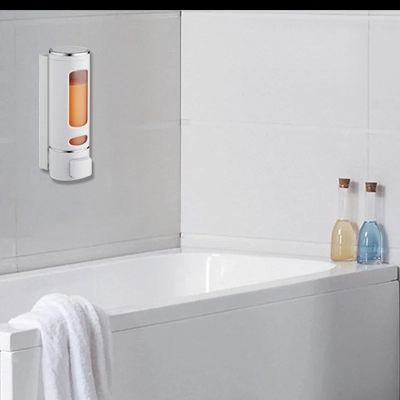 distributeur savon liquide or argent blanc moderne finition métallique fenêtre transparente minimaliste vis