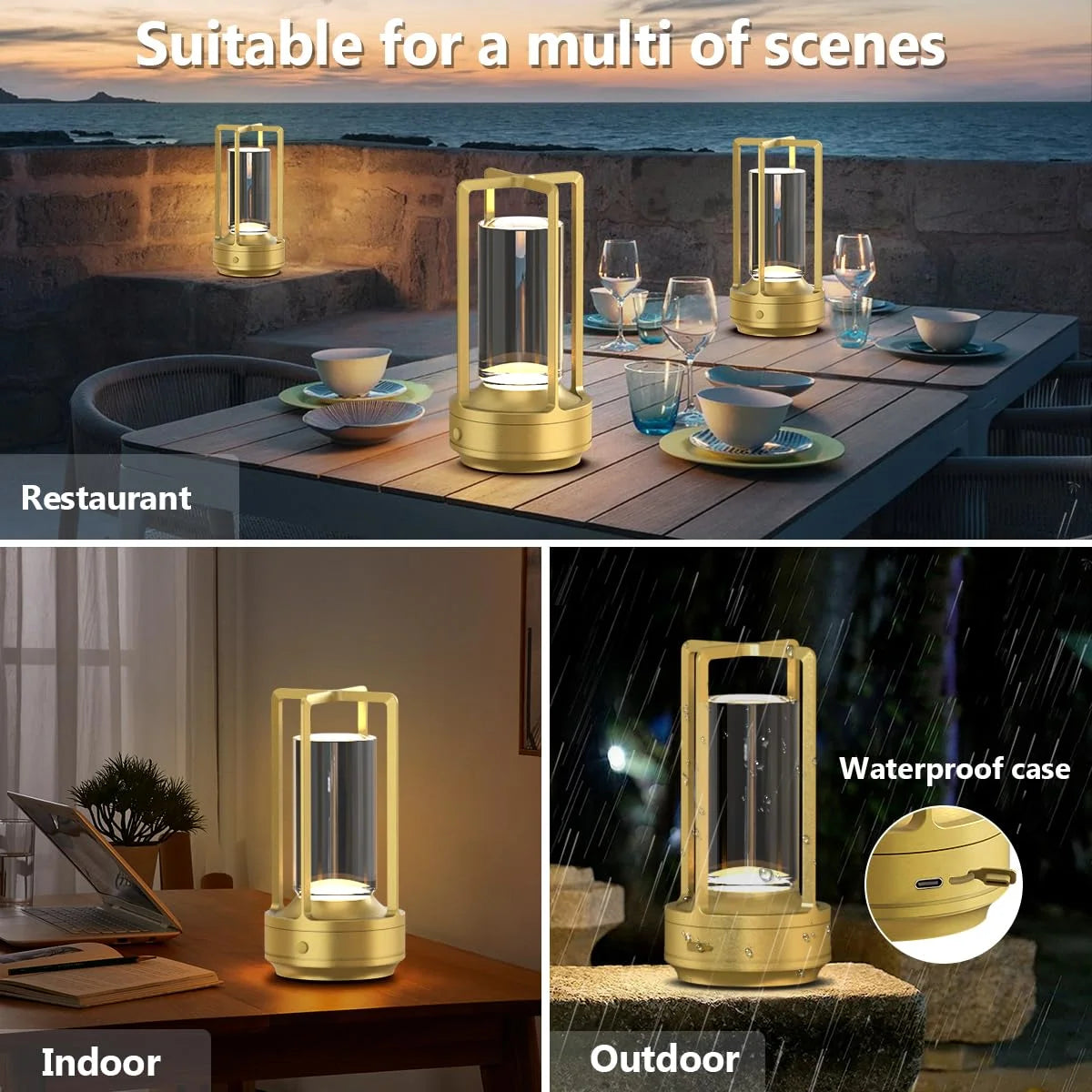 lampe led portable lanterne or noir transparent verre moderne vintage
