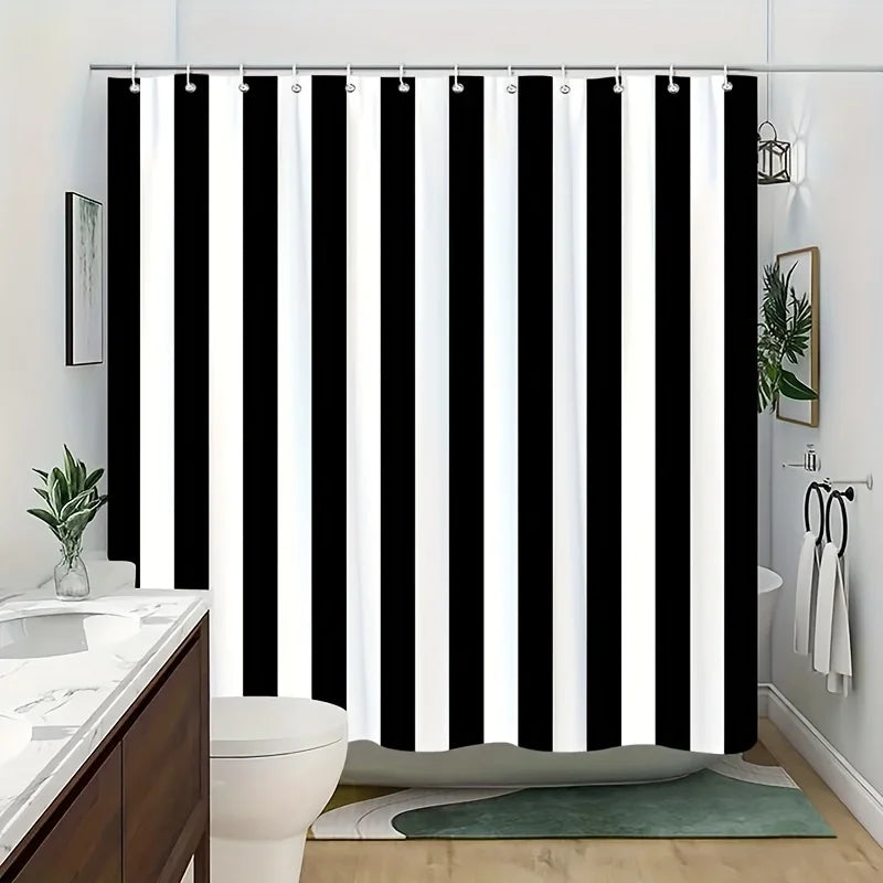 rideau douche noir blanc rayures horizontales moderne opacité métalliques polyester