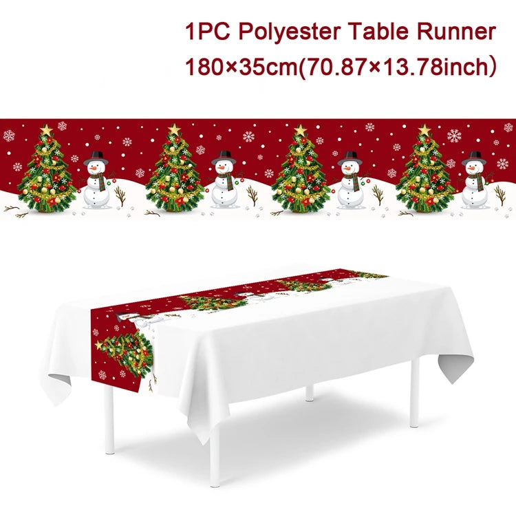 table noel chemin blanc motif flocon renne decoration festive polyester