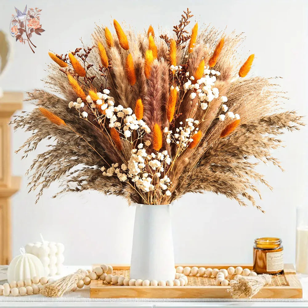 Bouquet fleurs séchées boho orange beige blanc vase plateau bois