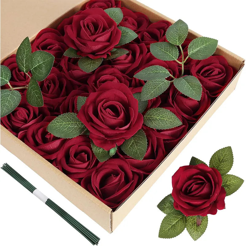 Roses artificielles velours rouge foncé bouquet decoration mariage anniversaire intérieur classique