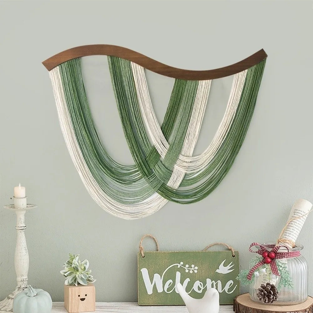 décoration murale moderne art abstrait spirales tissage vert blanc sans cadre bois coton