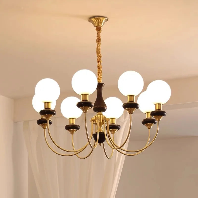 lustre classique doré noir sphères translucides structure métallique led salon chambrehôtel