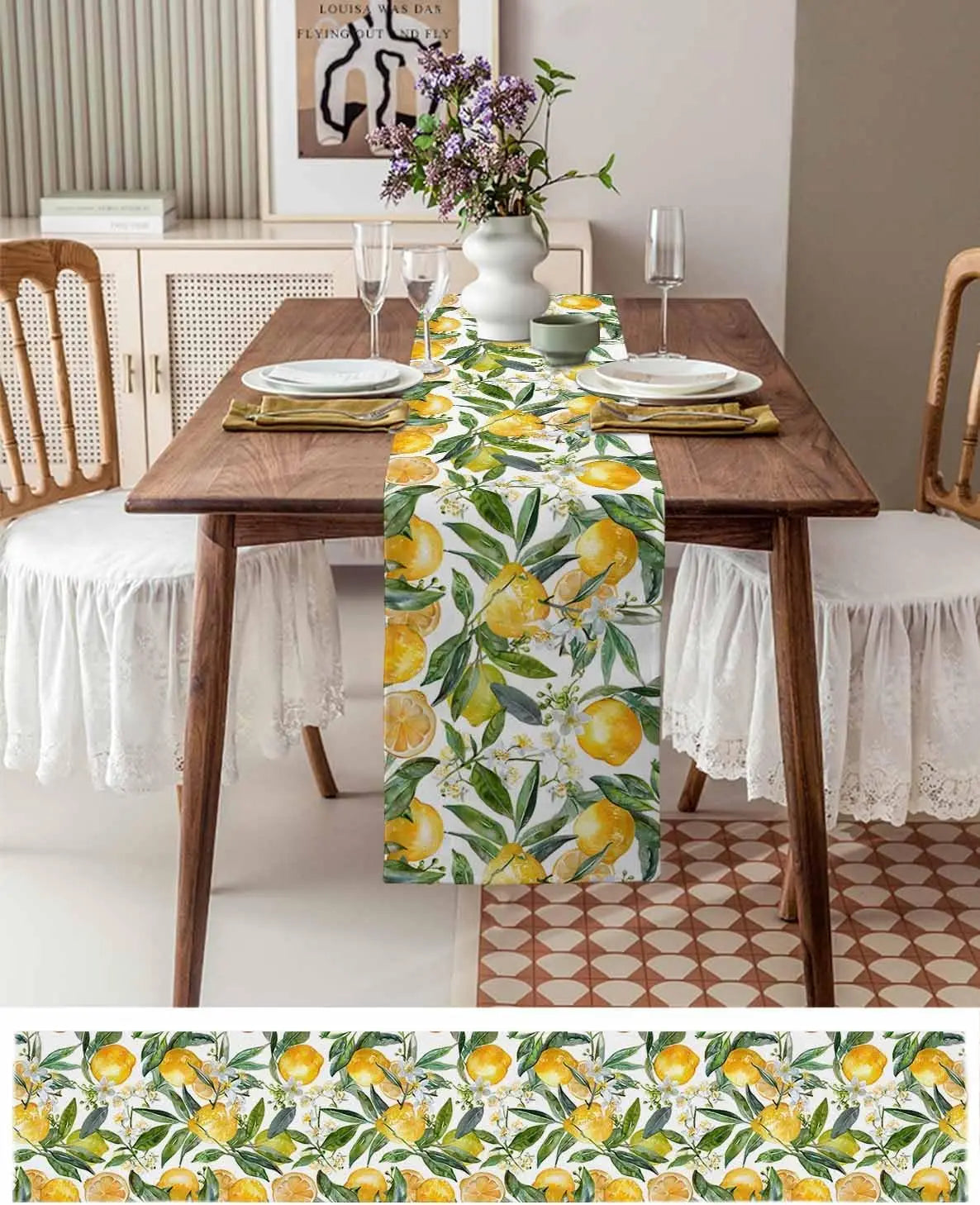tableau chemin table lin citrons feuilles fleurs blanc jaune vert printemps naturel décoratif