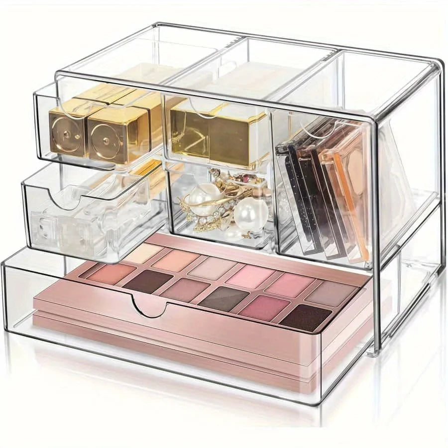boîte rangement cosmétiques transparente moderne compartiments tiroirs empilable organisation pinceaux bijoux parfums