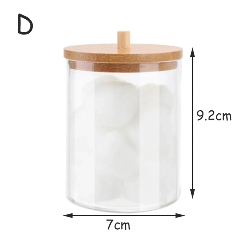 contenants beauté transparents couvercle bois adhésif bâtonnets coton lingettes pinceaux maquillage tubes cosmétiques moderne