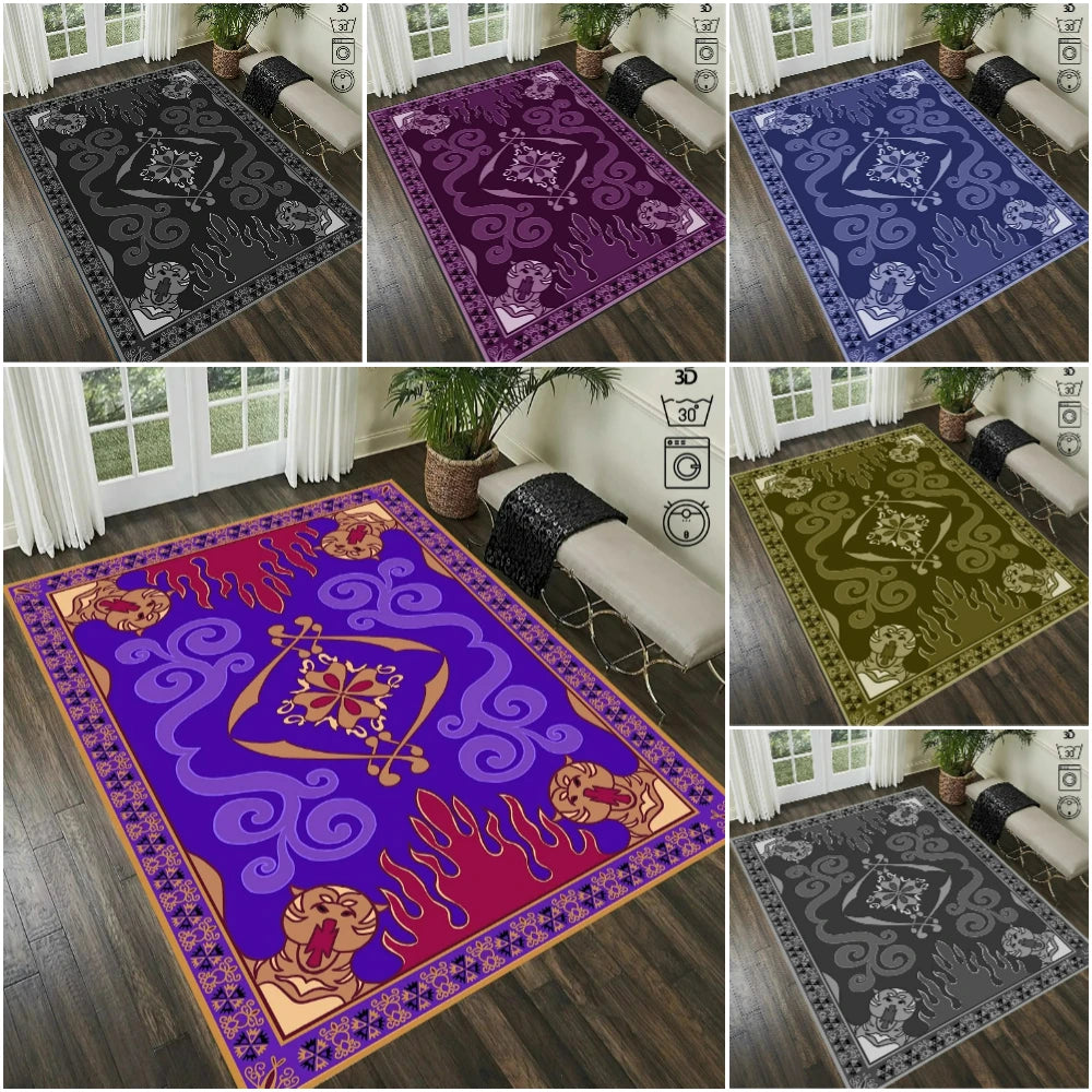 tapis sol rectangulaire motif ethnique singe flamme violet rouge or moderne salon chambre