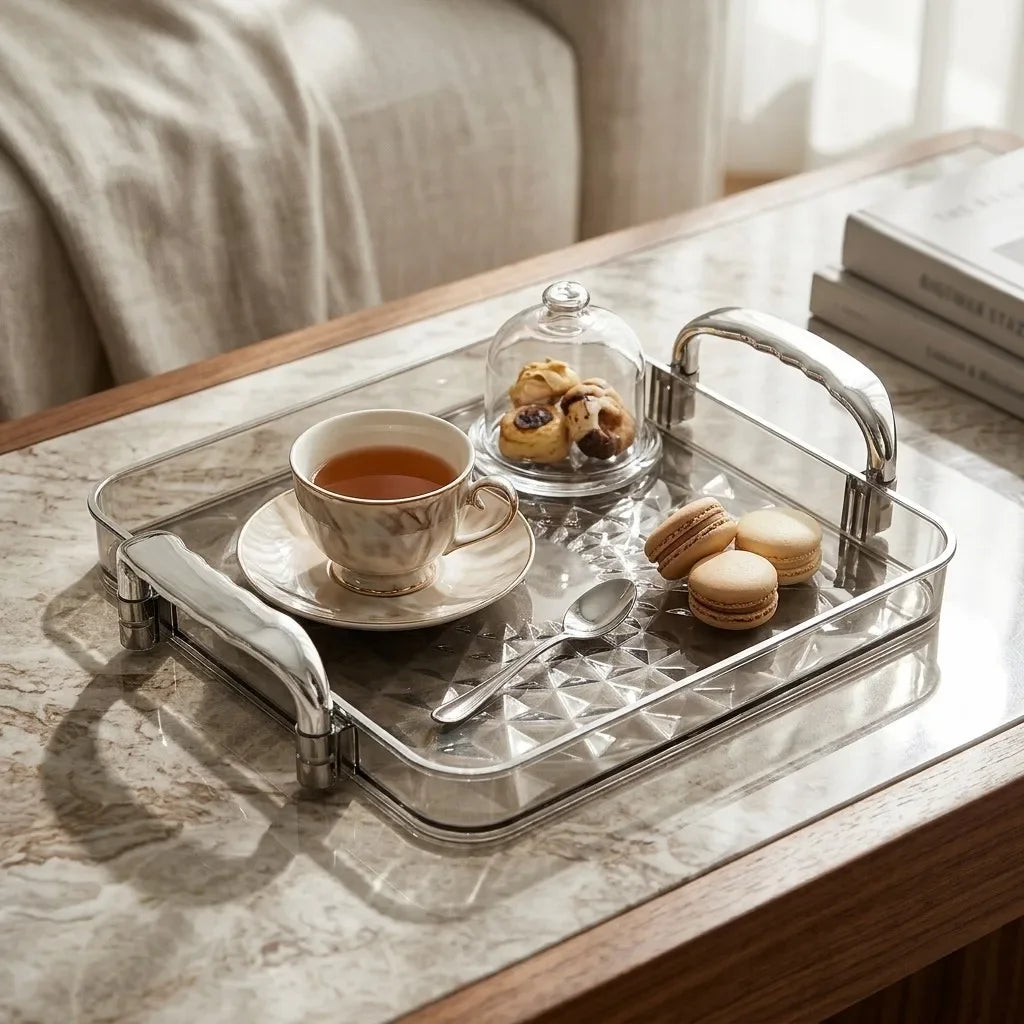 plateau service transparent moderne poignées diamant 3d argenté fruits macarons