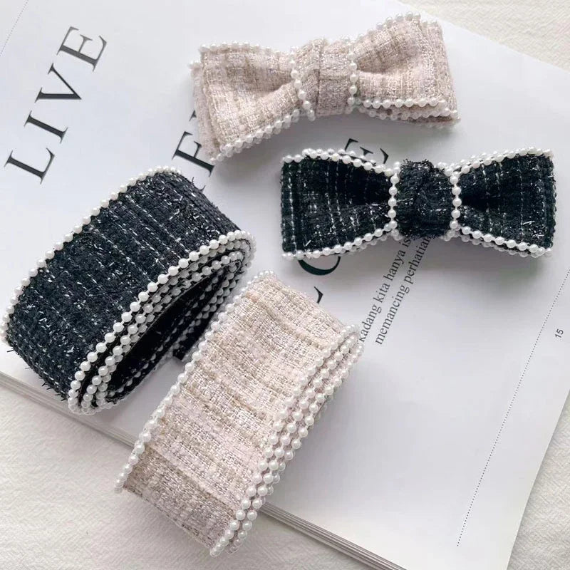 rubans décoratifs élégants noir blanc beige rose tissu carreaux bordure perlée classique 2mètres