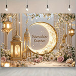 toile décorative ramadan lune dorée lanternes fleurs or blanc rose