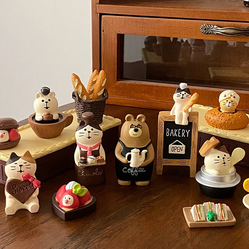 figurine animale kawaii résine blanc marron noir rose gris chapeau ruban bakery open chocolate