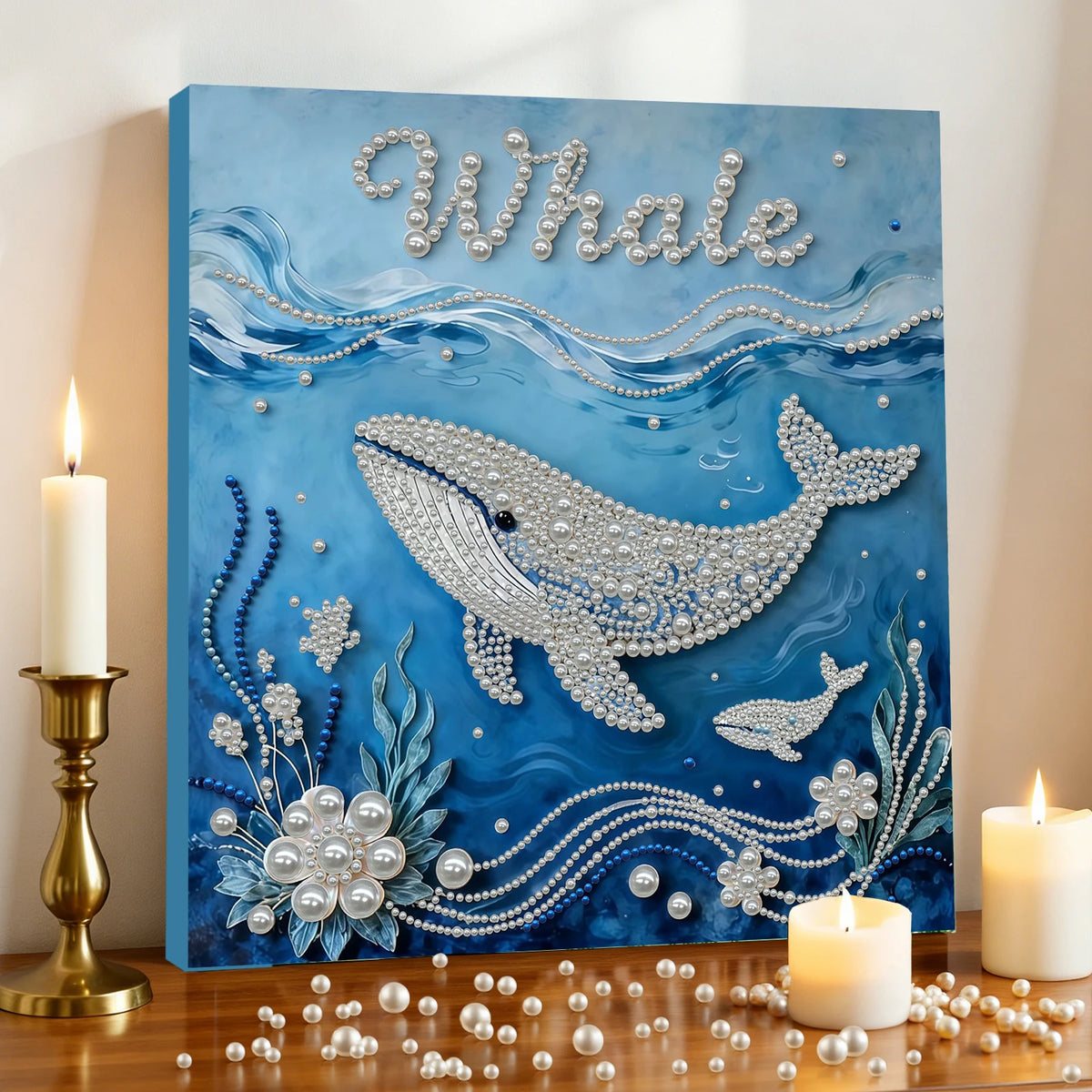 kit peinture points tableau décoratif baleine océan fleurs bleu blanc beige
