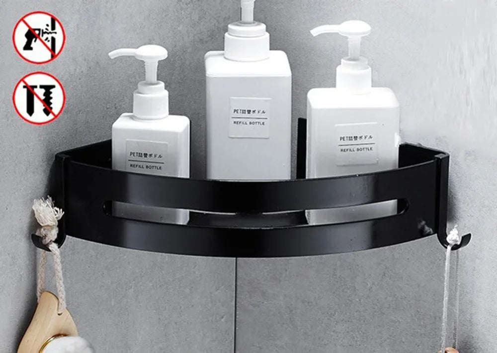 étagère angle moderne noire blanche or adhésive réutilisable salle bain douche trois niveaux fixations