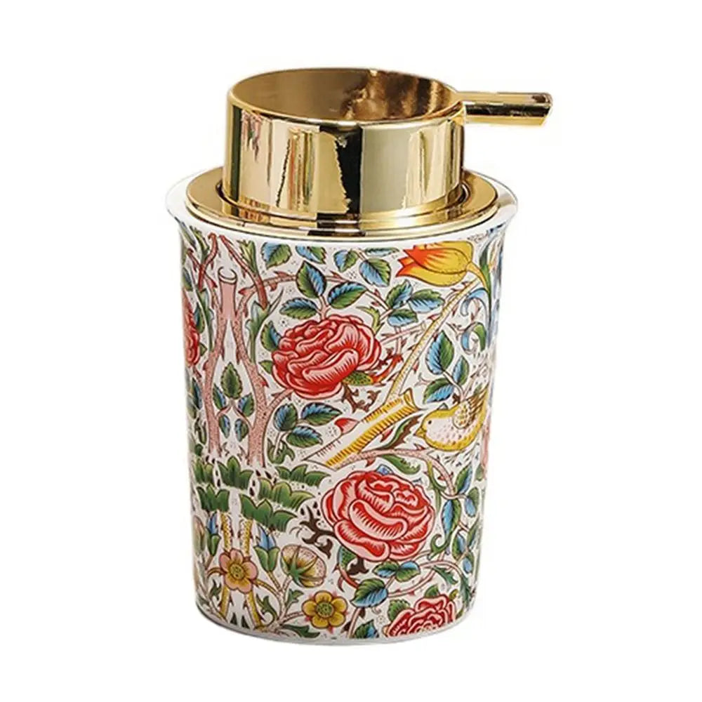 distributeur savon liquide mousse floral vintage blanc rouge vert or