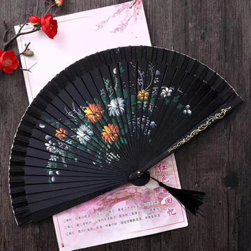 éventail pliant bois ajouré double face fleurs colorées ruban pompon rouge rose bleu vert