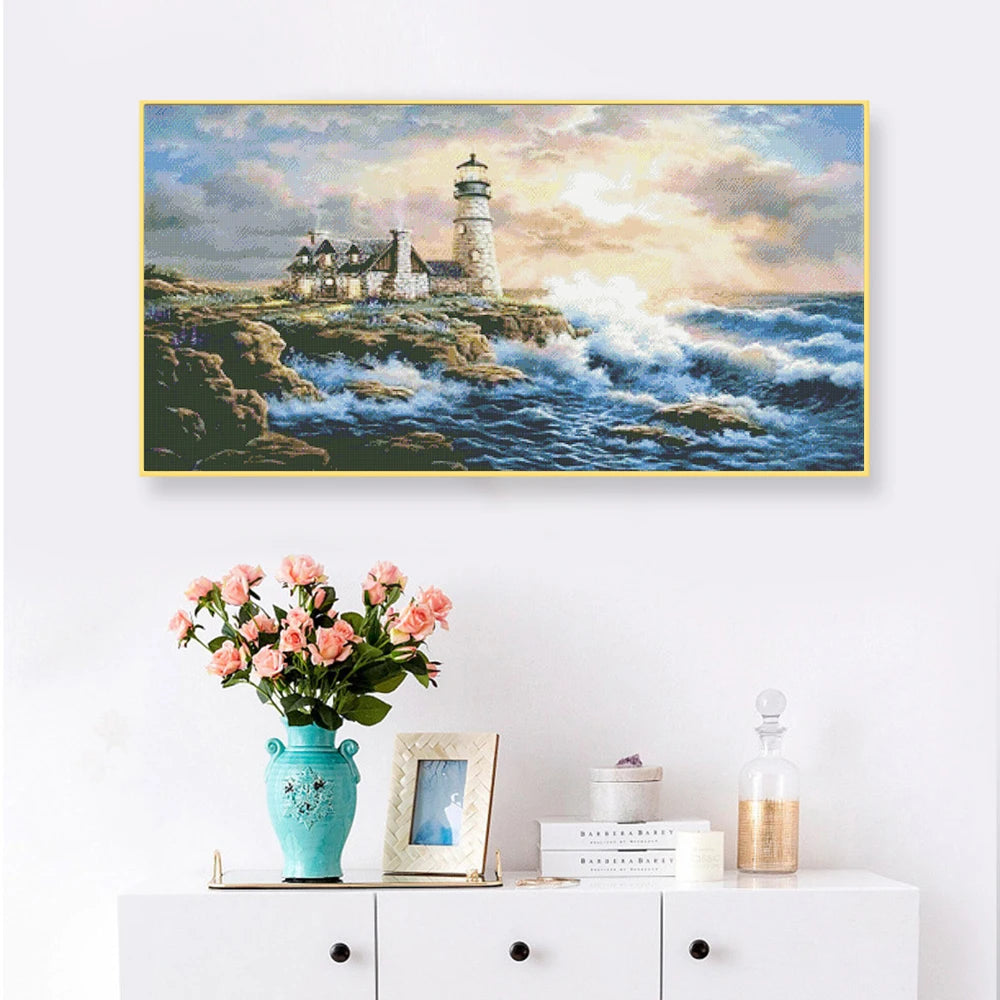 tableau point croix paysage marin phare nuages vagues multicolore moderne broderie fait main toile