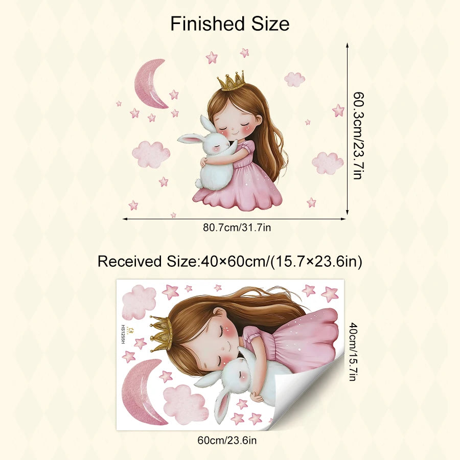 sticker mural dessin animé petite fille lapin nuages étoiles chambre enfant rose blanc doré