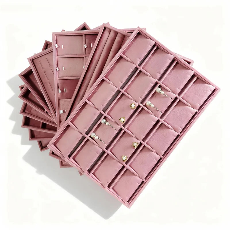 boîte bijoux velours rose moderne colliers boucles d'oreilles bracelets bagues clips exposant assiette trousseau