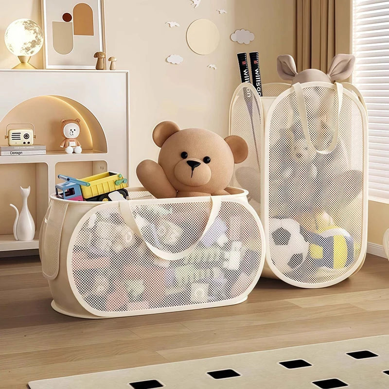 panier rangement pliable tissu polyestère beige clair maille moderne jouets rangement
