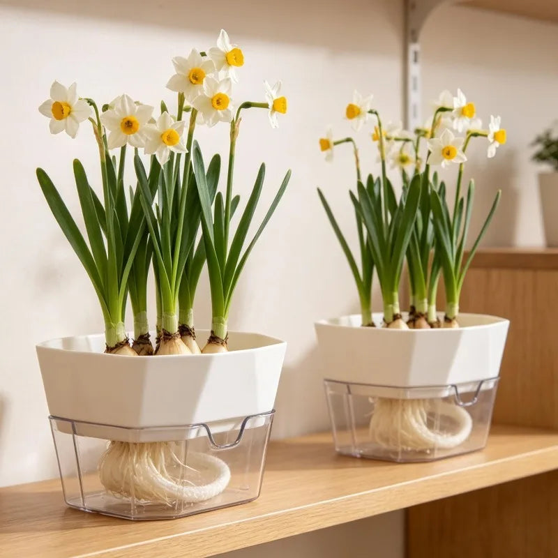 pots hydroculture transparents racines visibles narcisses jacinthes tulipes moderne minimaliste