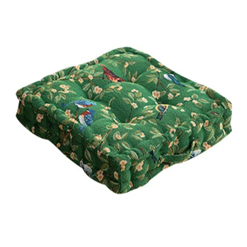 coussin siège carré coton imprimé floral oiseaux rouge vert marron traditionnel
