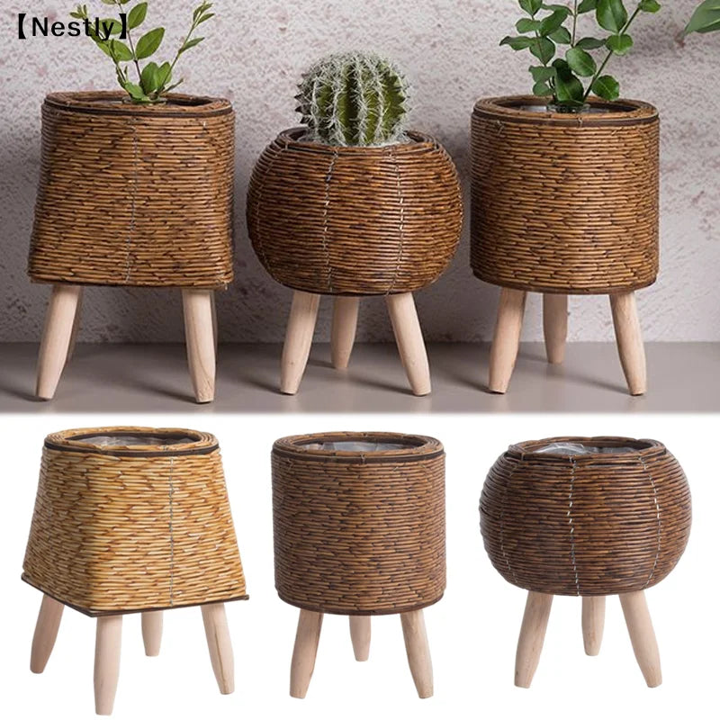 pot plante tressé rotin marron moderne rustique pieds bois artificielle