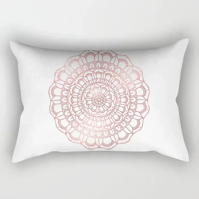 taie d'oreiller rectangulaire rose blanc doré motif géométrique moderne lit chambre décoration maison