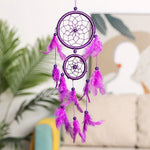attrape rêves bohème suspendu plumes duvetées filets corde tressée bois blanc bleu violet rose